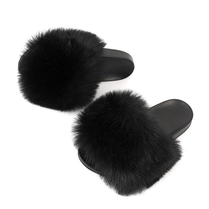 FUNKYMONKEY Women's Slides Faux Fur Cute Slip On Fuzzy Slippers Comfort Flat Sandals (9 M US, New Black) - Image 5